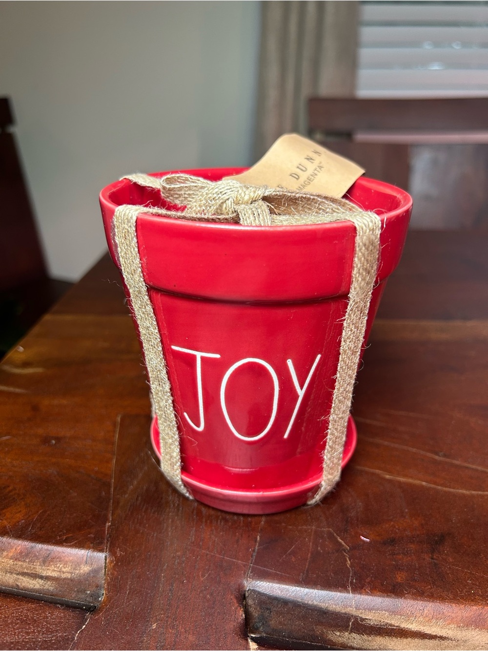 Rare Rae Dunn by Magenta Red Ceramic Round Glossy Pot/Planter "JOY" w/ Ribbon